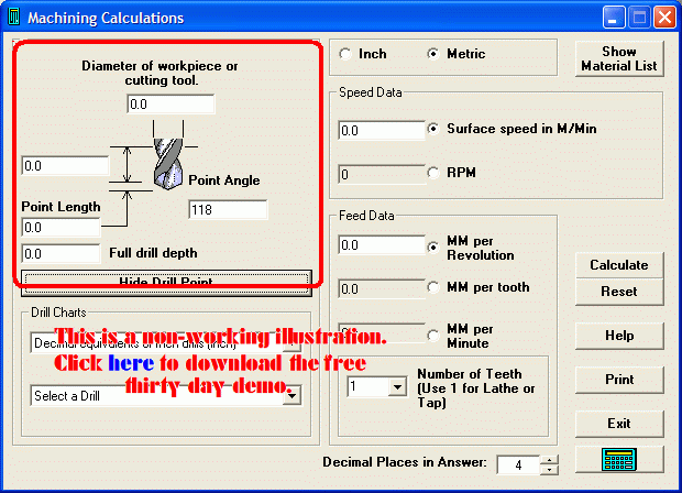 Drill point and countersink calculations
