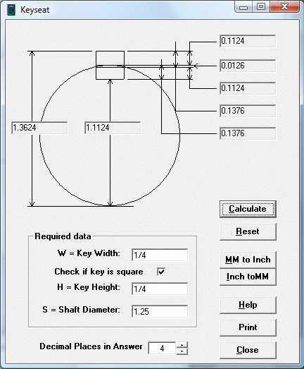 Keyway calculator in Machinist's Calculator