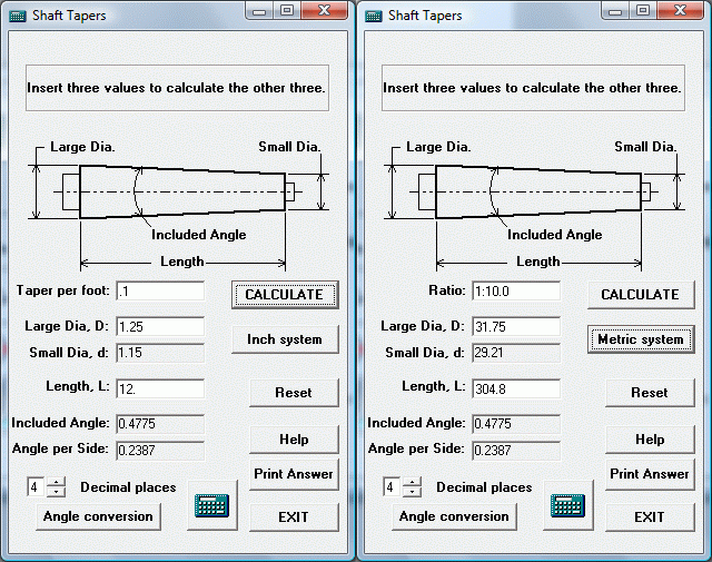 Calculations for tapers on shafts and pins