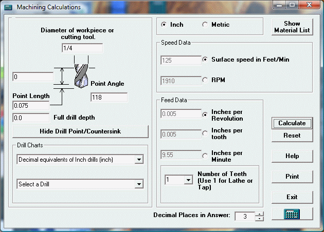 Speed and feed calculator and drill charts feature of EditCNC