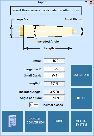Taper pin measuring in the metric system