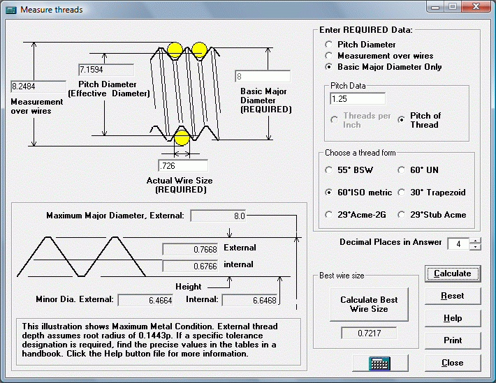 Acme Thread Measurement Over Wires Chart